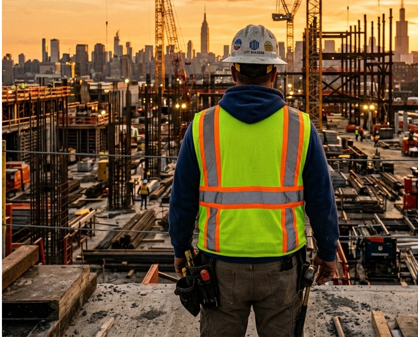 Construction worker in safety vest overlooking construction site